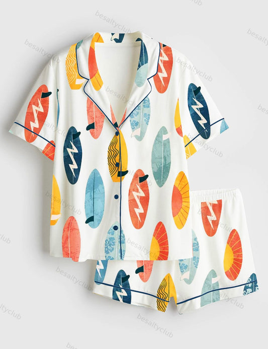 Surfing Board Light Surfing Sports Art Print Short Sleeve Satin Pajama Set
