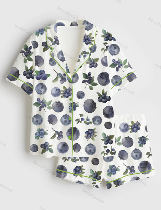 Blueberry Food Plants Short Sleeve Satin Pajama Set
