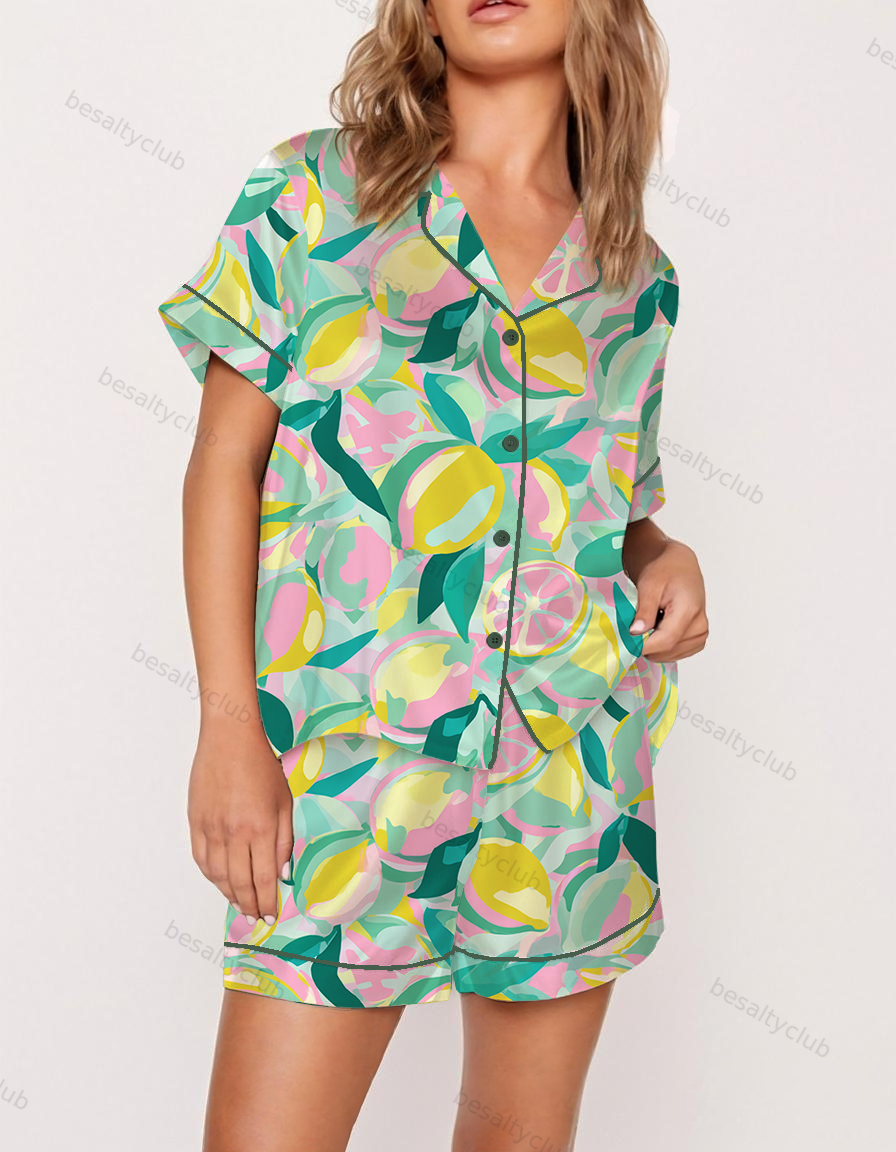 Pastel Lemon Dream Satin Pajama Set