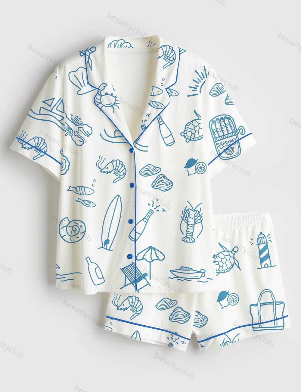 Coastal Summer Beach Short Sleeve Satin Pajama Set