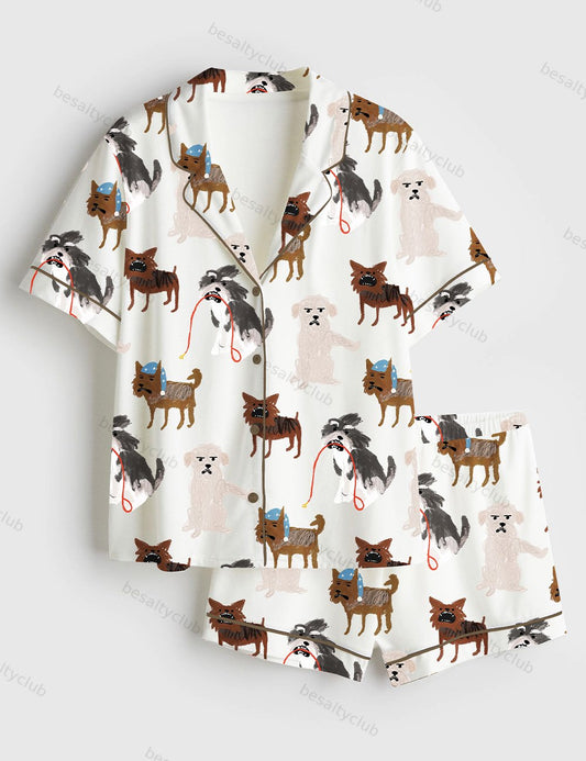 Vicious Puppy Dogs Lover Short Sleeve Satin Pajama Set