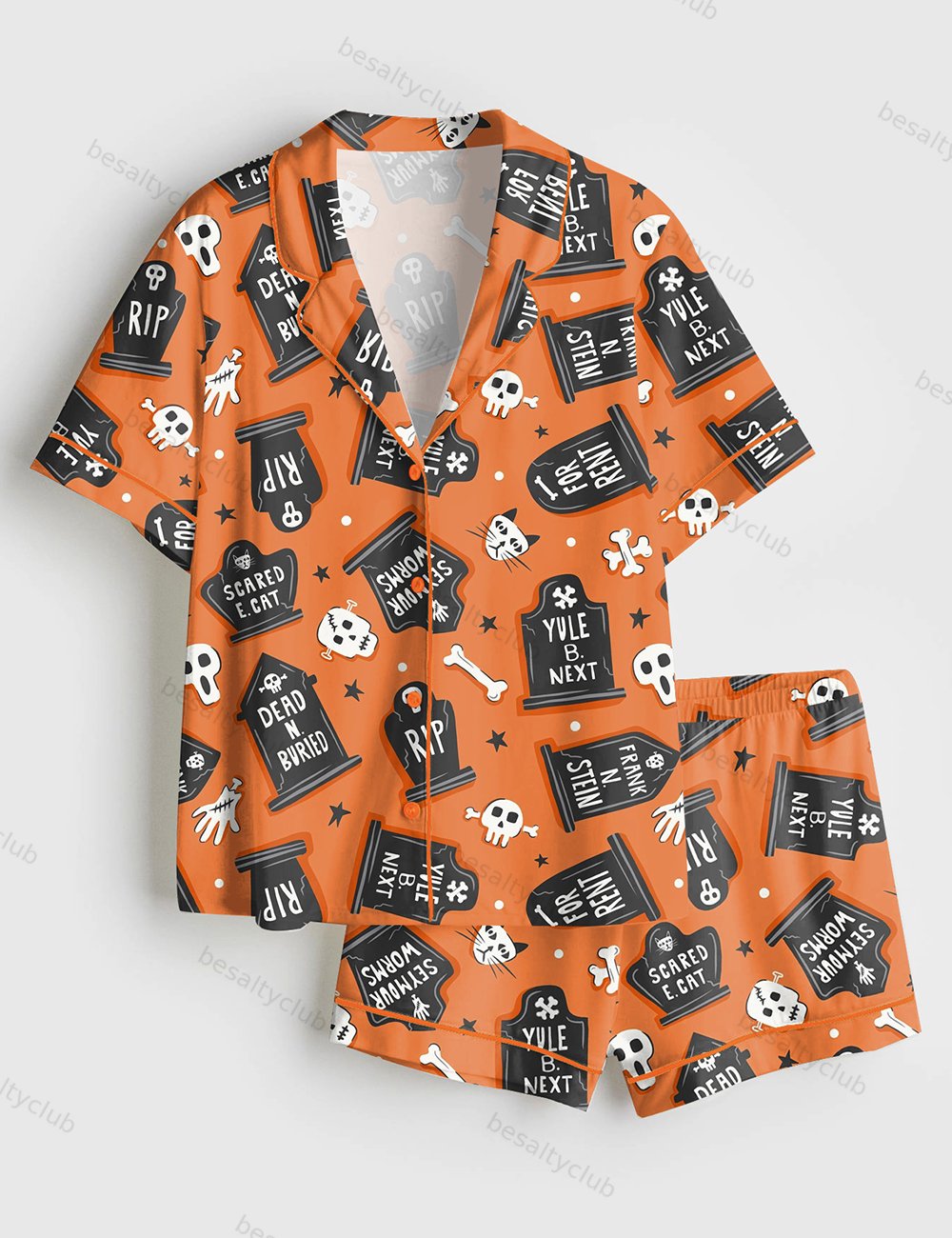 Ghoulish Graveyard Halloween Short Sleeve Satin Pajama Set