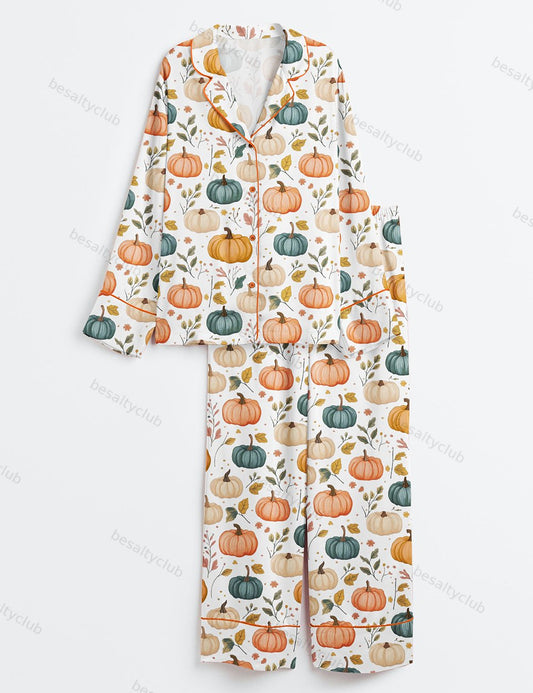 Autumn Pumpkin Long Sleeve Satin Pajama Set