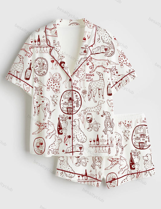 Dog And Wine Short Sleeve Satin Pajama Set