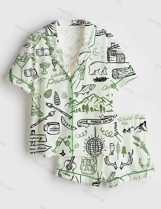 Outdoor Whimsical Style Hand Drawn Cabin Party Camping Wilderness Print Short Sleeve Satin Pajama Set