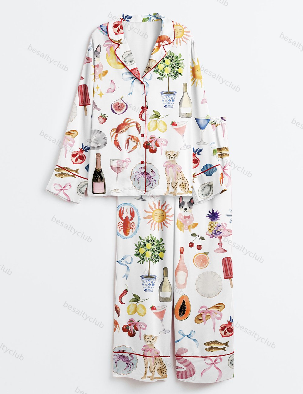 Whimsical Wedding Dolce Vita Wedding Coquette Mediterranean Print Long Sleeve Satin Pajama Set