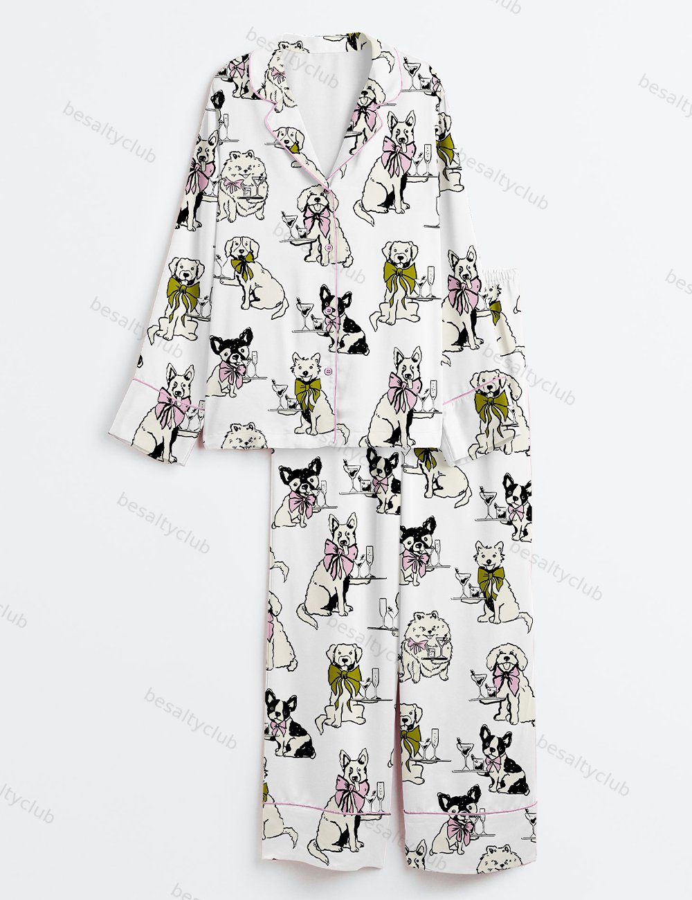 Festival Martini Drinks Clip Hand Drawn Martini Glass With Bartender Dog Print Long Sleeve Satin Pajama Set