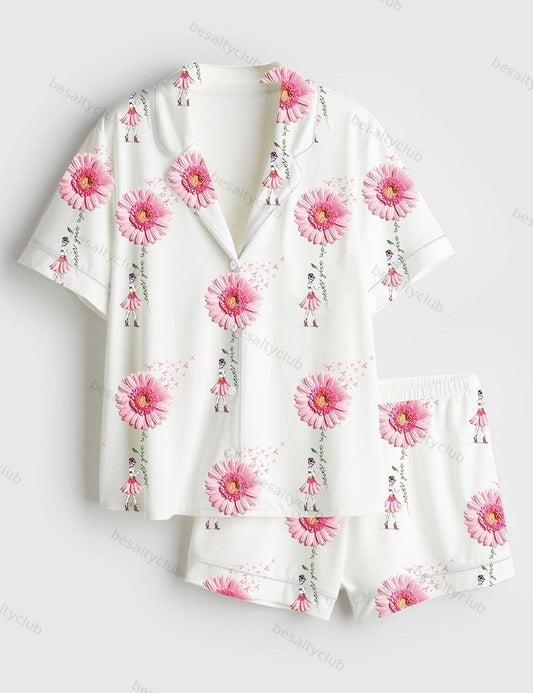 Never Give Up Breast Cancer Awareness Pink Gerbera Daisy & Ribbon Print Short Sleeve Satin Pajama Set