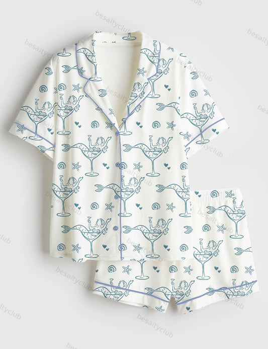 Seashells And Wedding Bells Bachelorette Beach Party Coastal Last Toast Print Short Sleeve Satin Pajama Set