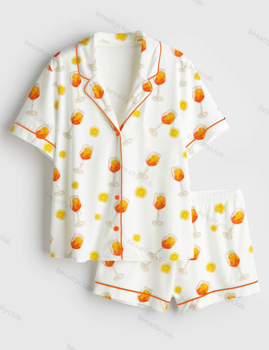 Apawrol Spritz Aperol Spritz Trio Orange Drinks Bottle Wine Short Sleeve Satin Pajama Set