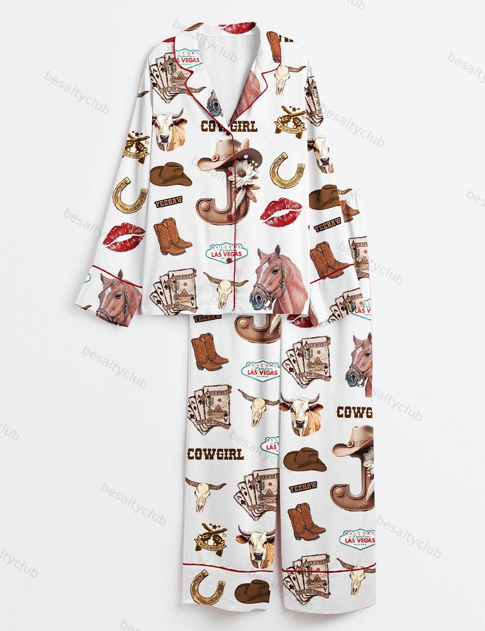 Cowgirl Horse Las Vegas Boots Western Long Sleeve Satin Pajama Set