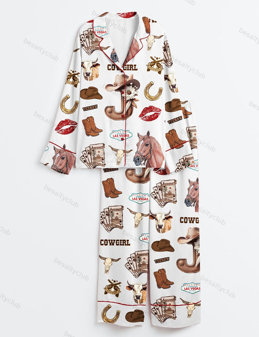 Cowgirl Horse Las Vegas Boots Western Long Sleeve Satin Pajama Set