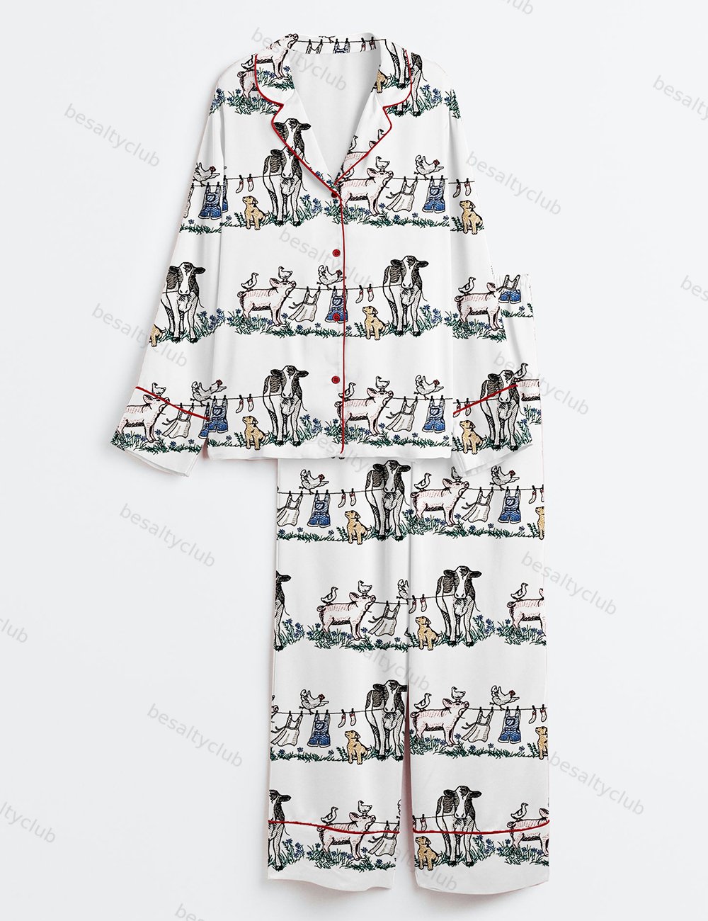 Barnyard Animals Pig Cow Dog Long Sleeve Satin Pajama Set