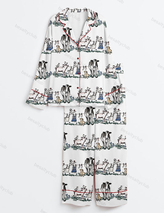 Barnyard Animals Pig Cow Dog Long Sleeve Satin Pajama Set