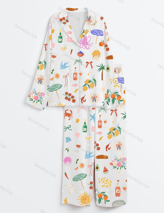 Whimsical Hand-Drawn Summer Wedding Long Sleeve Satin Pajama Set