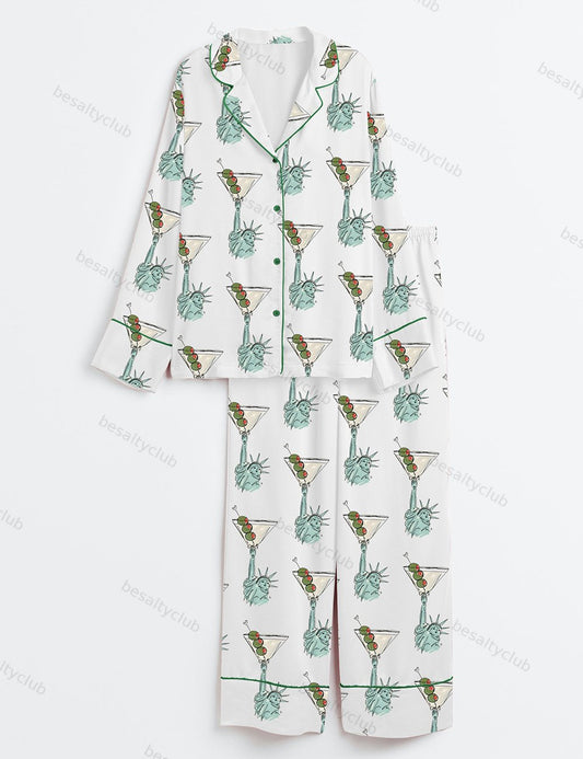 USA Statue of Liberty Holding Martinis Weenies and Tinis Bachelorette Long Sleeve Satin Pajama Set