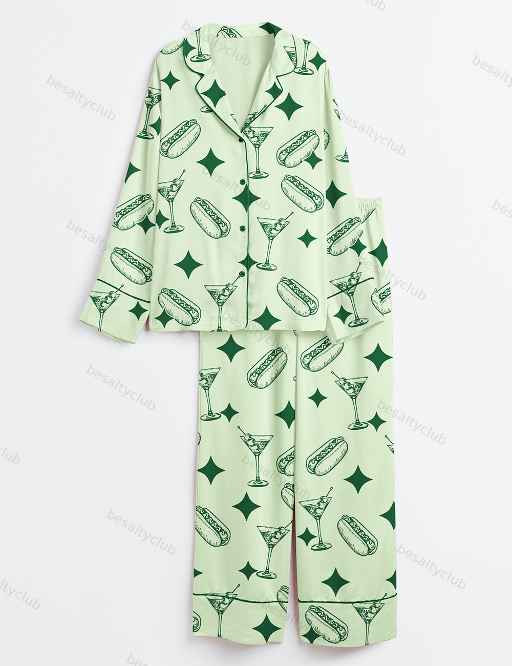 Green Tinis And Weenies Dirty Martini Party Print Long Sleeve Satin Pajama Set