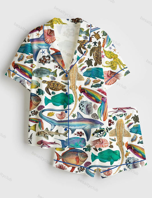 Colourful Creatures Print Ocean Beach Short Sleeve Satin Pajama Set