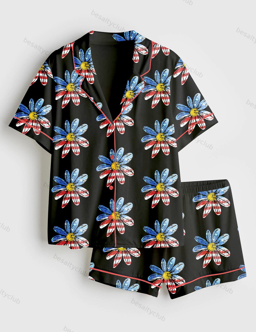 4th Of July Daisy Summer Wildflower Trendy Spring Summer Print Short Sleeve Satin Pajama Set