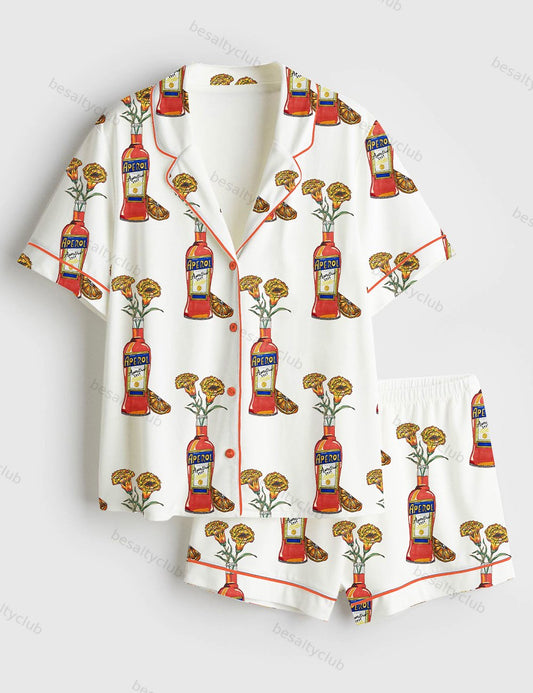 Aperol Spritz Trio Flower Short Sleeve Satin Pajama Set