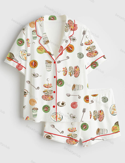 Caviar Art Print Short Sleeve Satin Pajama Set