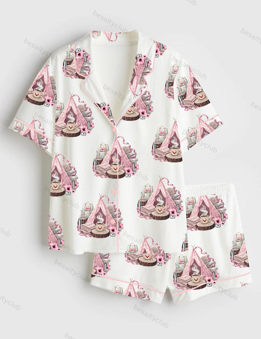 Girl Camping Tent Campfire Coffee Camping Outdoors Camper Print Short Sleeve Satin Pajama Set