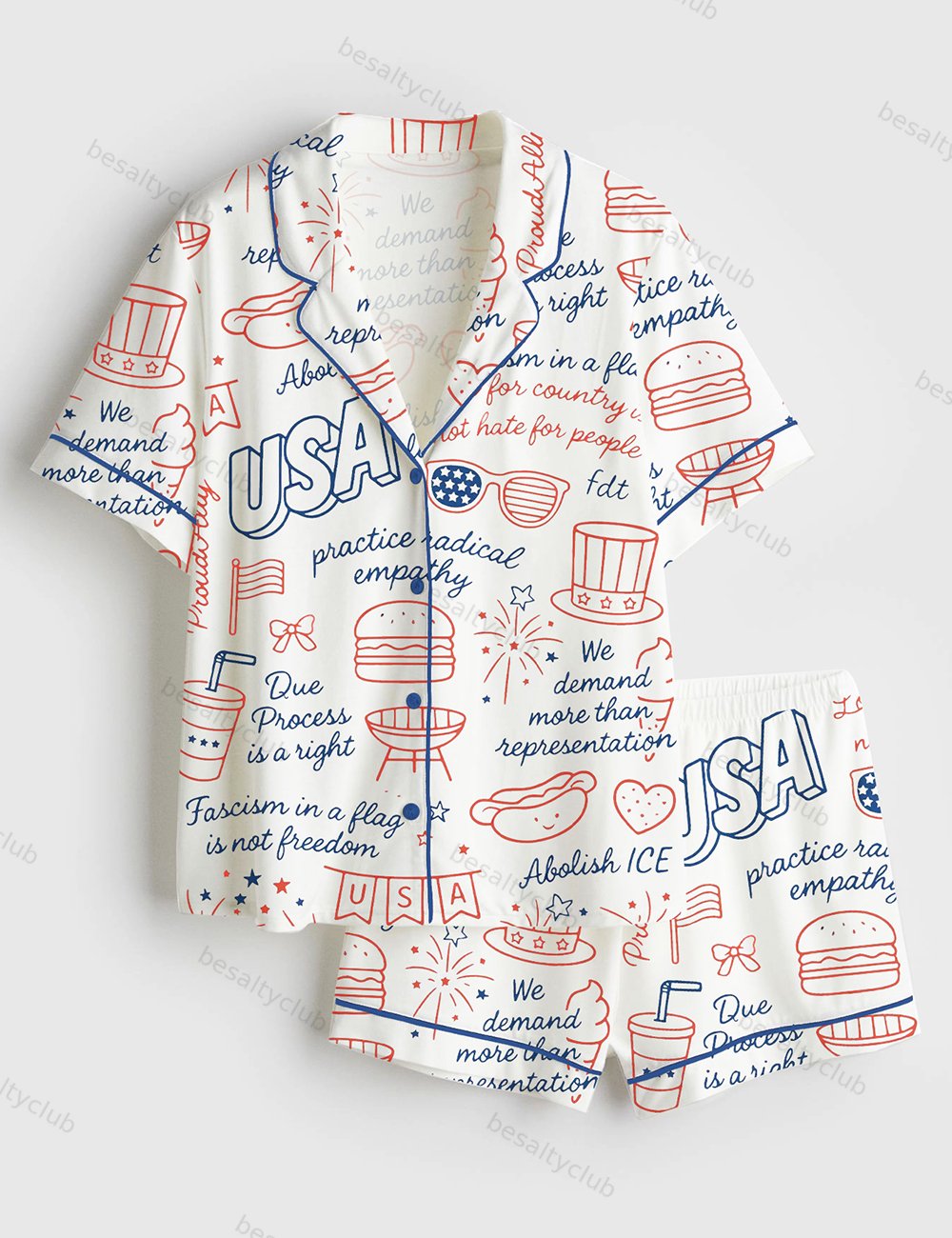 Liberal Fourth Of July Subtle Patriotic Playful FDT Print Short Sleeve Satin Pajama Set