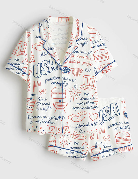 Liberal Fourth Of July Subtle Patriotic Playful FDT Print Short Sleeve Satin Pajama Set