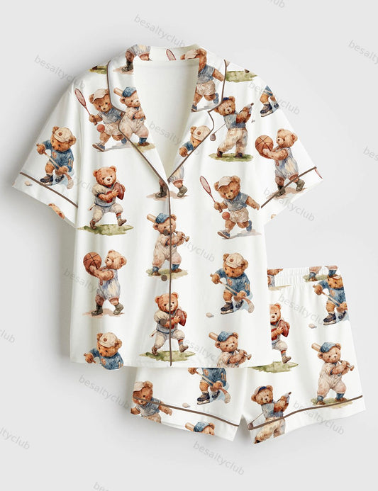 Vintage Teddy Bear Sports Watercolor Bear Playing Ball Print Short Sleeve Satin Pajama Set