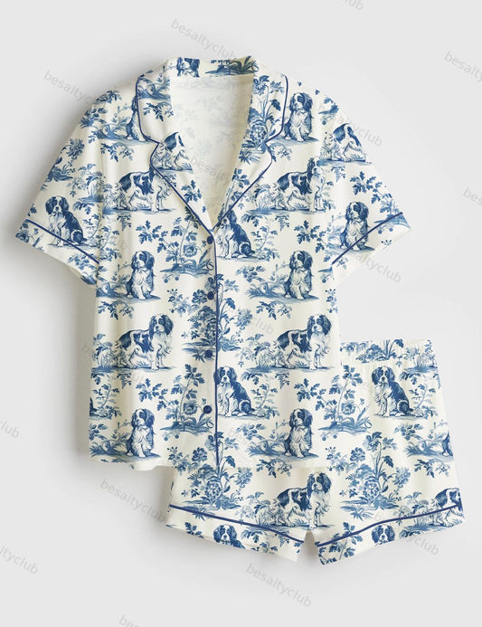 Cavalier King Charles Spaniel French Dog Lover Short Sleeve Satin Pajama Set