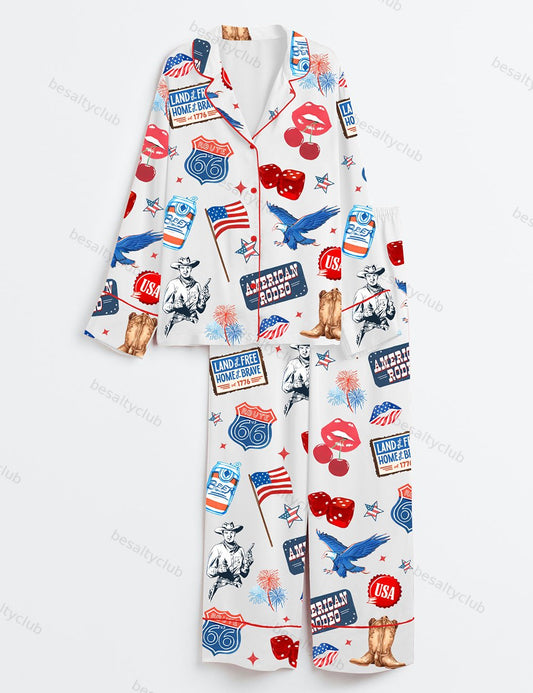 Western 4th Of July Independence Day Long Sleeve Satin Pajama Set