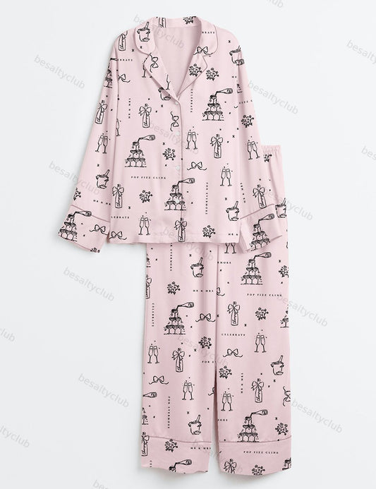 Wedding Bridal And Champagne Long Sleeve Satin Pajama Set