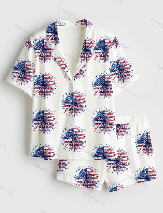 USA Firework Women 4th Of July Independence Day America Red White Blue Patriotic Print Short Sleeve Satin Pajama Set