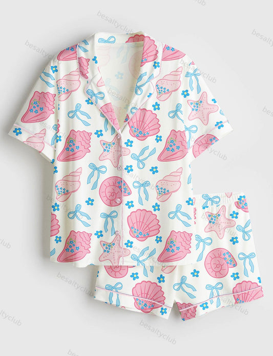Pink Seashells Scallops Coquette Bow Pastel Coastal Beach Short Sleeve Satin Pajama Set