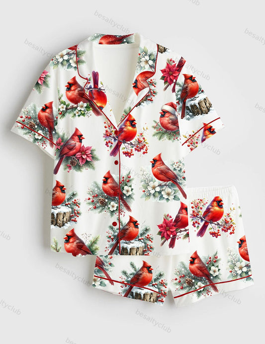 Cardinal Bird Short Sleeve Satin Pajama Set