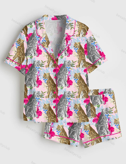 Leopards With Bows Short Sleeve Satin Pajama Set