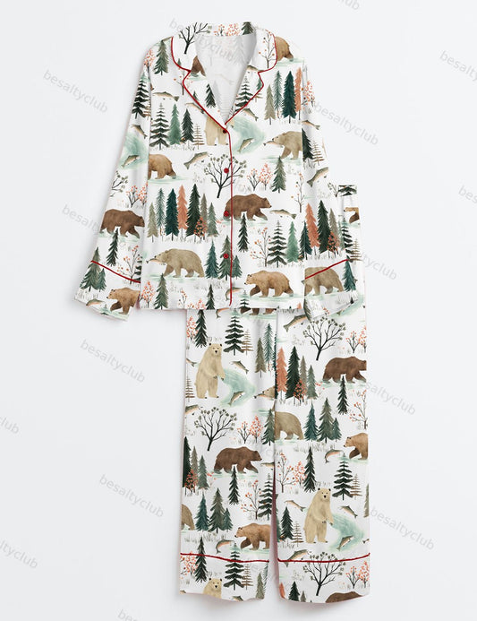Fishing Bear Woodland Long Sleeve Satin Pajama Set