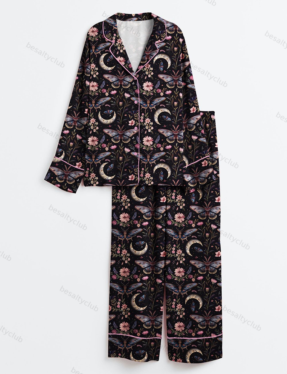 Night Garden Mystical Moth Magic Witchy Floral Long Sleeve Satin Pajama Set