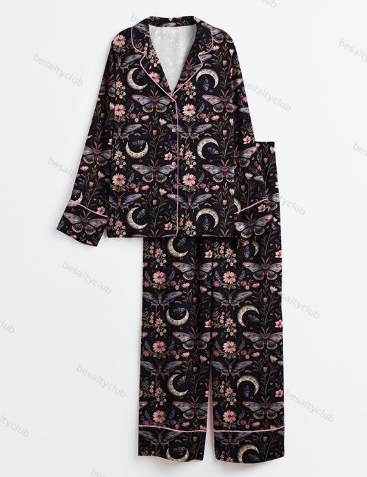 Night Garden Mystical Moth Magic Witchy Floral Long Sleeve Satin Pajama Set