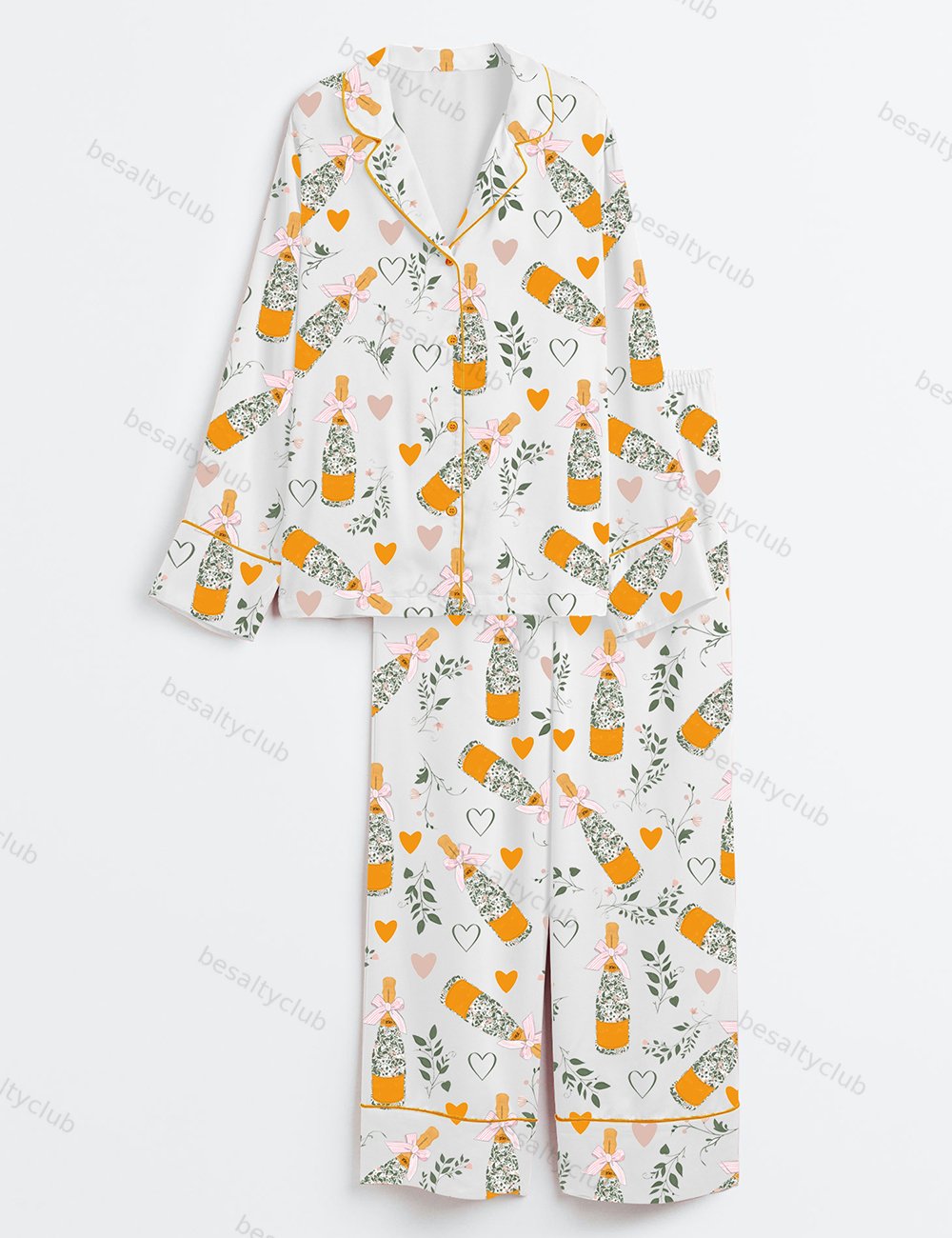 Champagne Bottle Romantic Floral Hearts Wedding Long Sleeve Satin Pajama Set