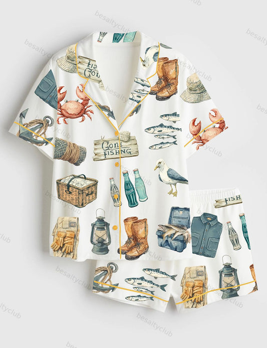 Nautical Watercolor Fisherman Aesthetic Fishing And Coastal Life Short Sleeve Satin Pajama Set