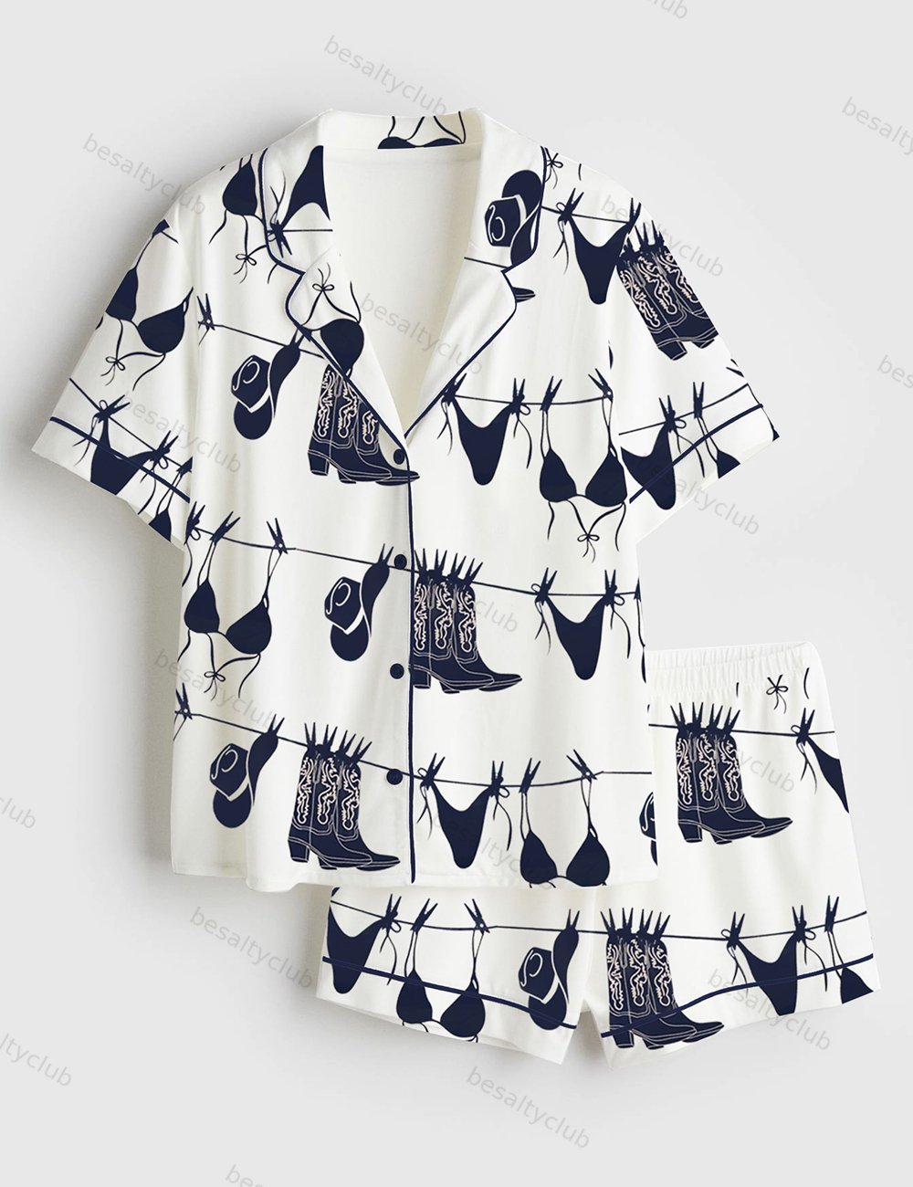 Coastal Western Cowgirl Bikini Art Print Navy Bikini Hanging Beach Print Short Sleeve Satin Pajama Set