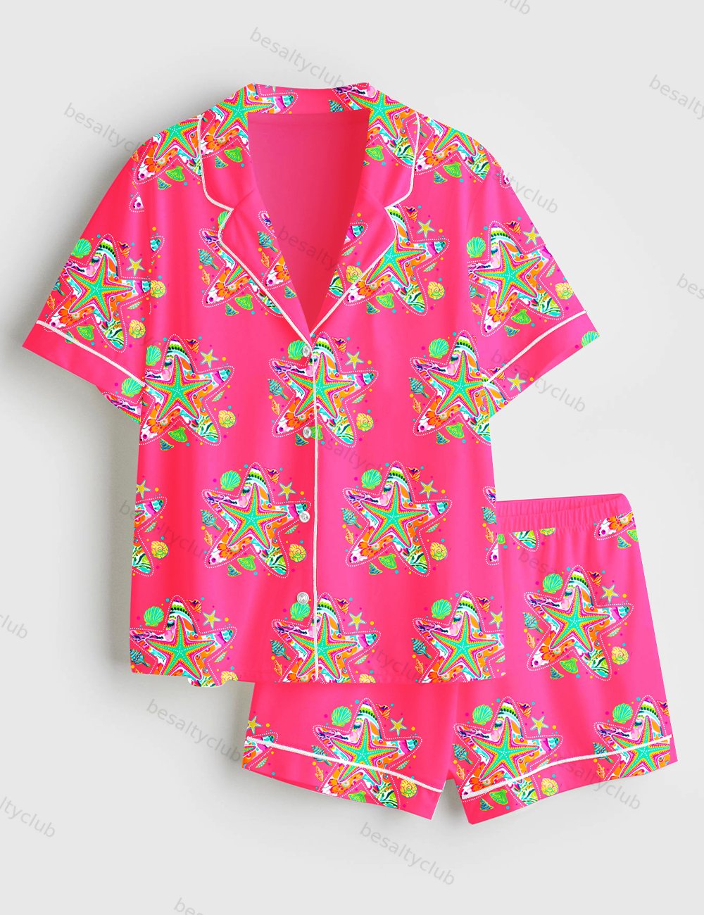Preppy Starfish Coquette Summer Vibes Beach Short Sleeve Satin Pajama Set