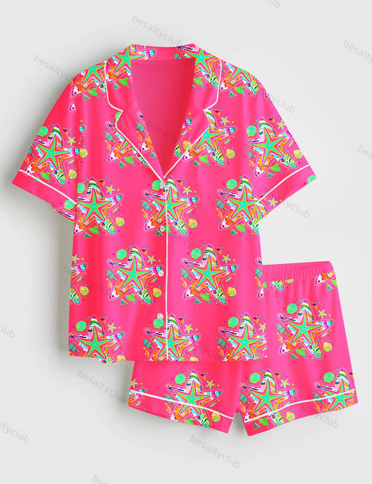 Preppy Starfish Coquette Summer Vibes Beach Short Sleeve Satin Pajama Set