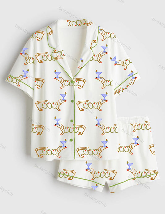 Martini Weenie Dachshund Lover Short Sleeve Satin Pajama Set