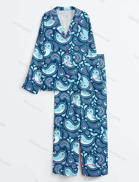 Narwhal Paisley Long Sleeve Satin Pajama Set