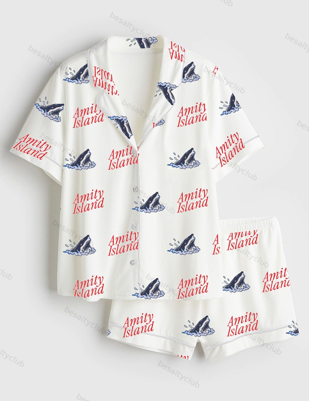 Women's Amity Island Beach Funny Retro Shark Movie Short Sleeve Satin Pajama Set