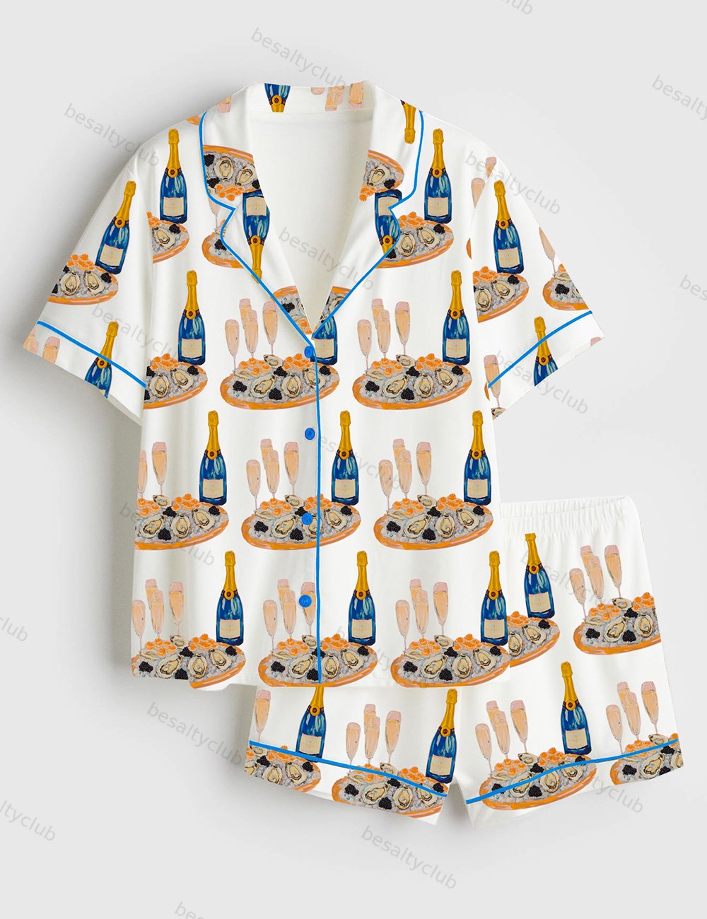 Champagne Glasses Caviar Short Sleeve Satin Pajama Set