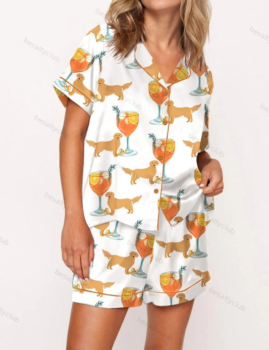 Aperol Spritz And Golden Retriever Satin Pajama Set