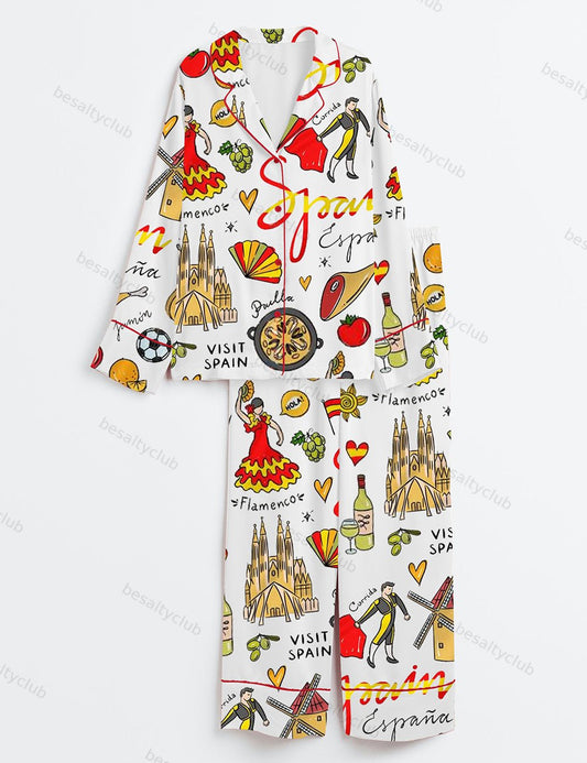 Spain Travel Long Sleeve Satin Pajama Set